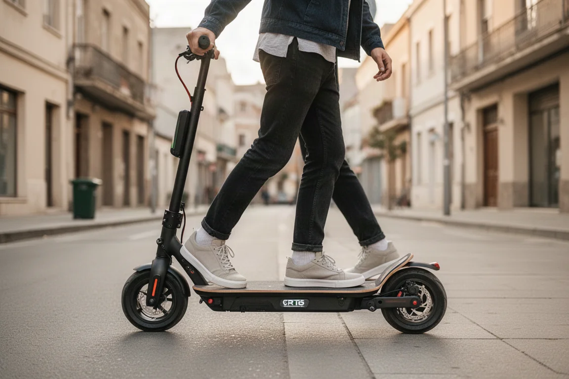 Rider poussant un streetboard électrique dans une rue de la ville