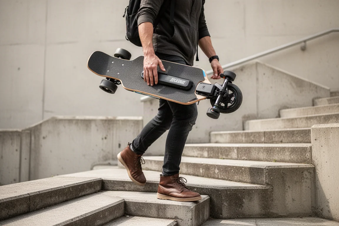 Rider portant un streetboard électrique dans les escaliers