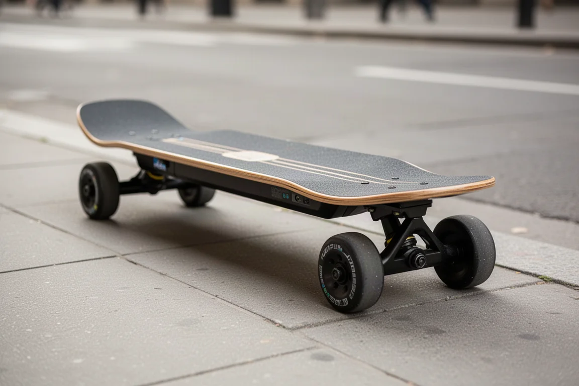 Gros plan sur le deck et les trucks d'un streetboard électrique sur un trottoir