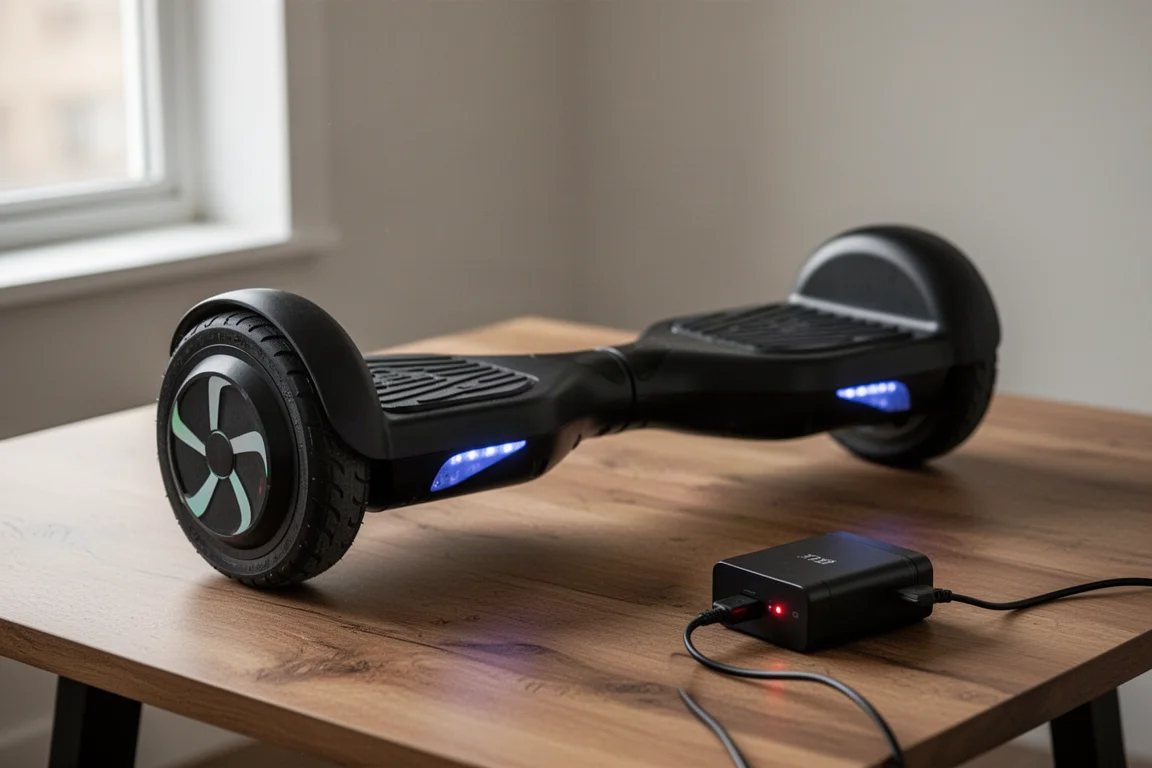 Streetboard électrique en charge avec un chargeur rapide sur une table