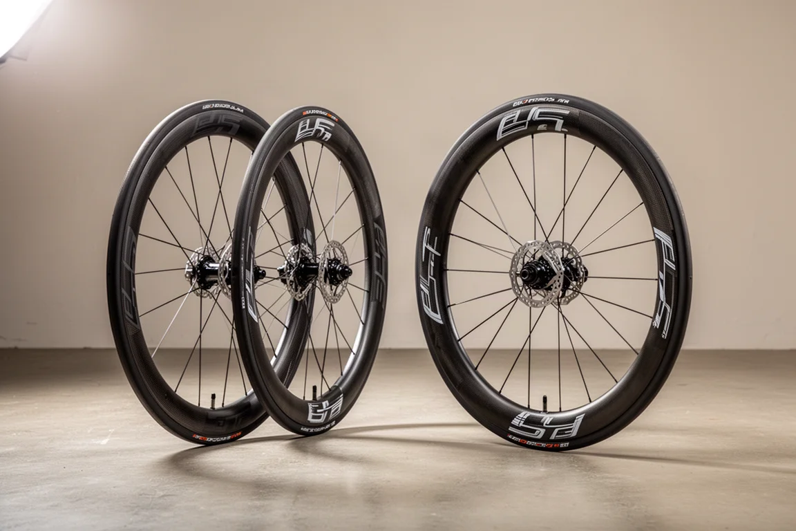 Two pairs of deep-section carbon road bike wheels on a concrete floor