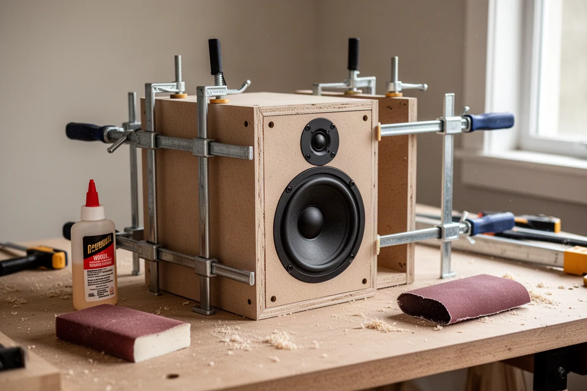 Wooden speaker enclosure clamped together on a workbench during assembly