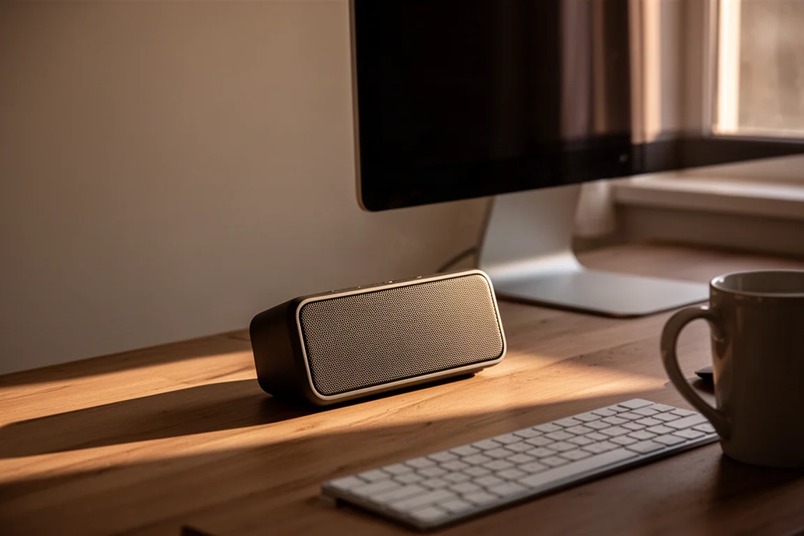 Small desktop speaker angled away on a wooden desk beside a computer monitor