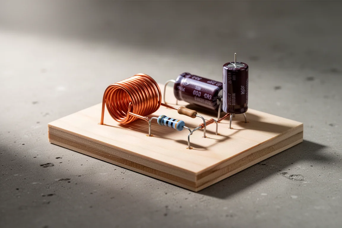 Passive crossover network with inductor, capacitor and resistor on a wooden board