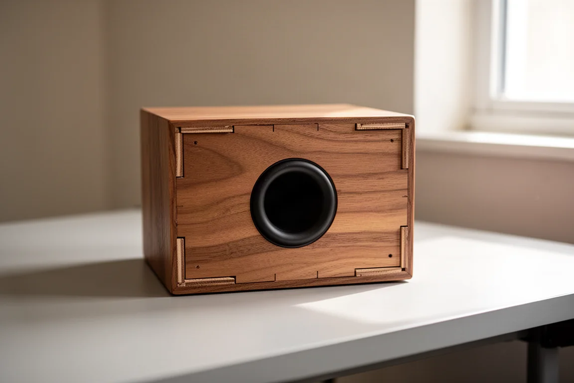 Underside of a small wooden speaker cabinet showing the round port opening