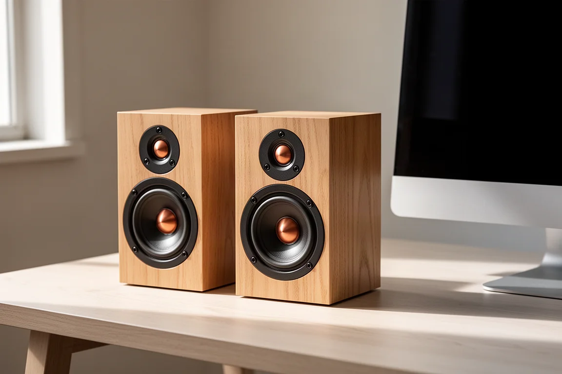 Pair of small DIY desktop monitor speakers with copper phase plugs on a wooden desk