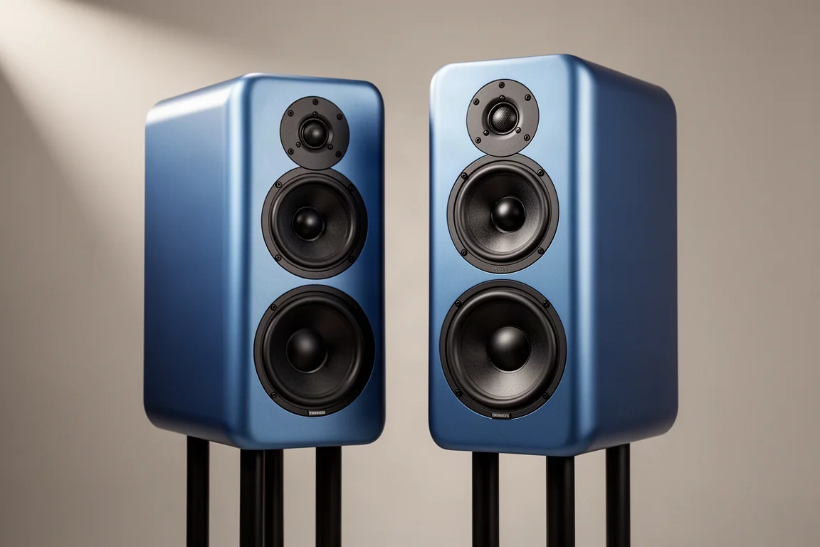Pair of satin blue stand-mounted speakers on slim stands against a grey backdrop