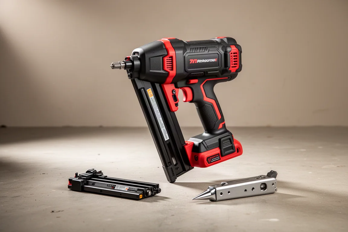Paslode Combi XI cordless framing nail gun with spare magazine and nose plate on concrete
