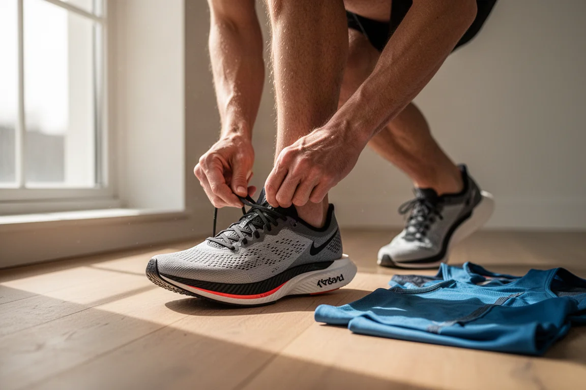 Runner lacing up a pair of carbon racing shoes before an early morning run