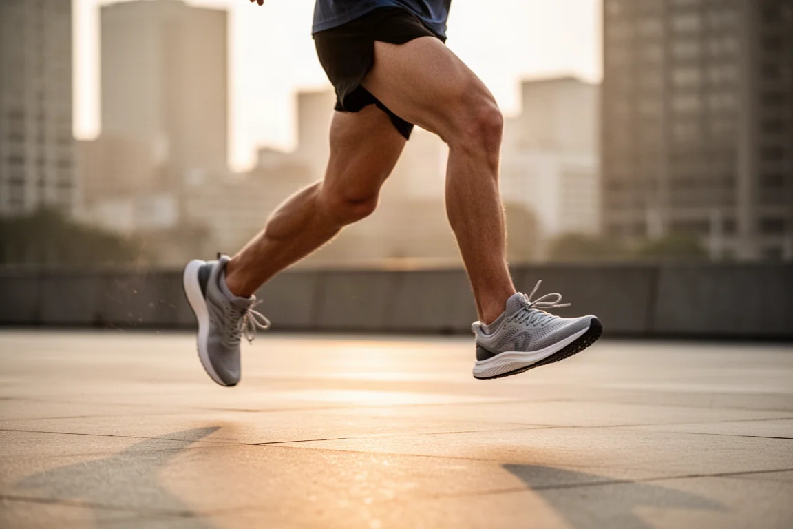 Runner mid-stride on city pavement in a lightweight trainer