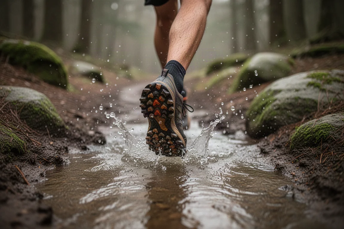Trail shoe splashing through a shallow river crossing on a muddy trail
