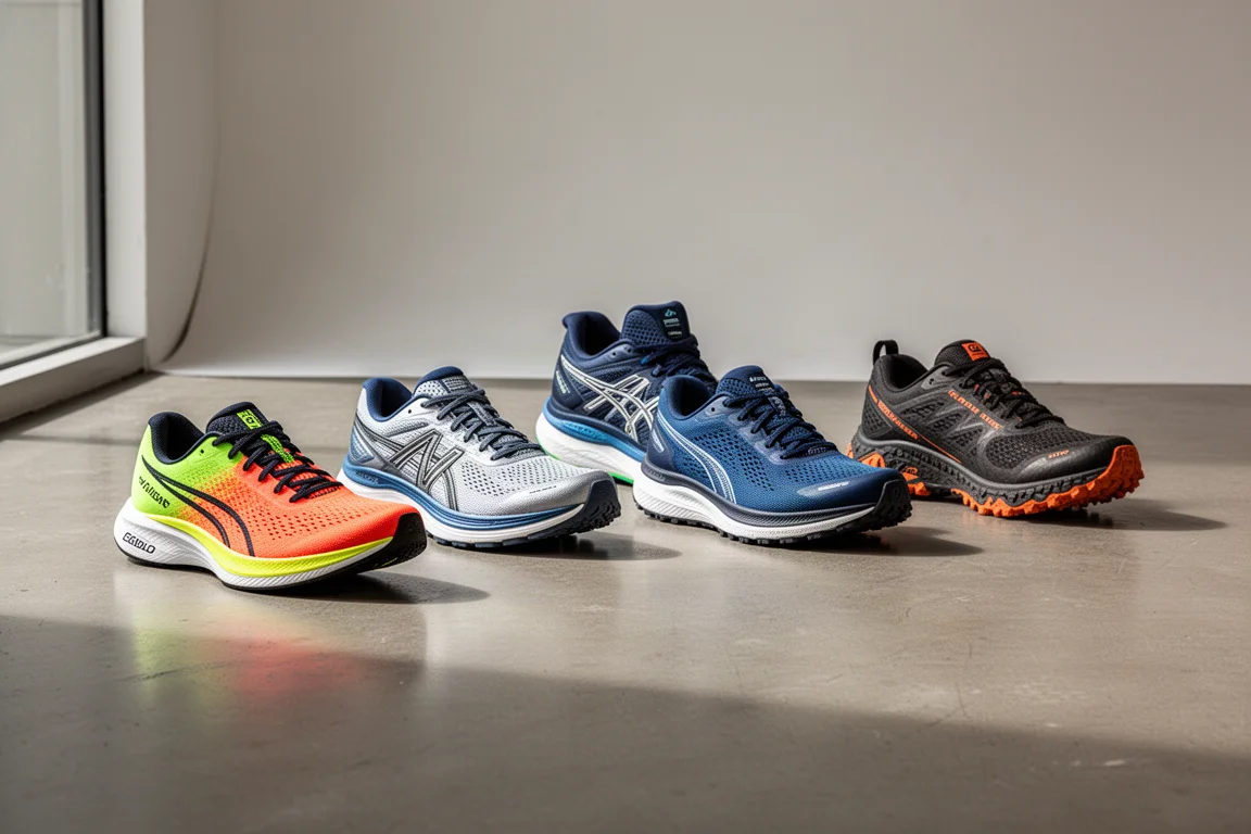 Six past-generation running shoes arranged in a row on a concrete studio floor