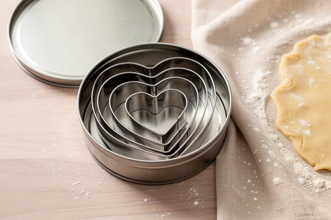 Set of graduated heart-shaped metal cookie cutters nested inside a storage tin