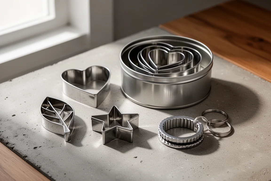Assortiti set di formaper biscotti in metallo disposti su una superficie di cucina in cemento