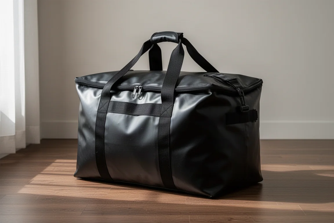 Bolsa de viaje negra manteniéndose de pie por sí sola sobre un suelo de madera