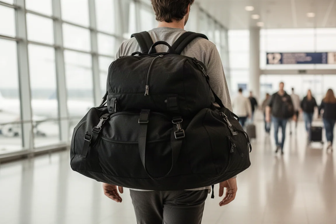 Viajero con una bolsa de viaje completamente cargada a modo de mochila en una terminal de aeropuerto