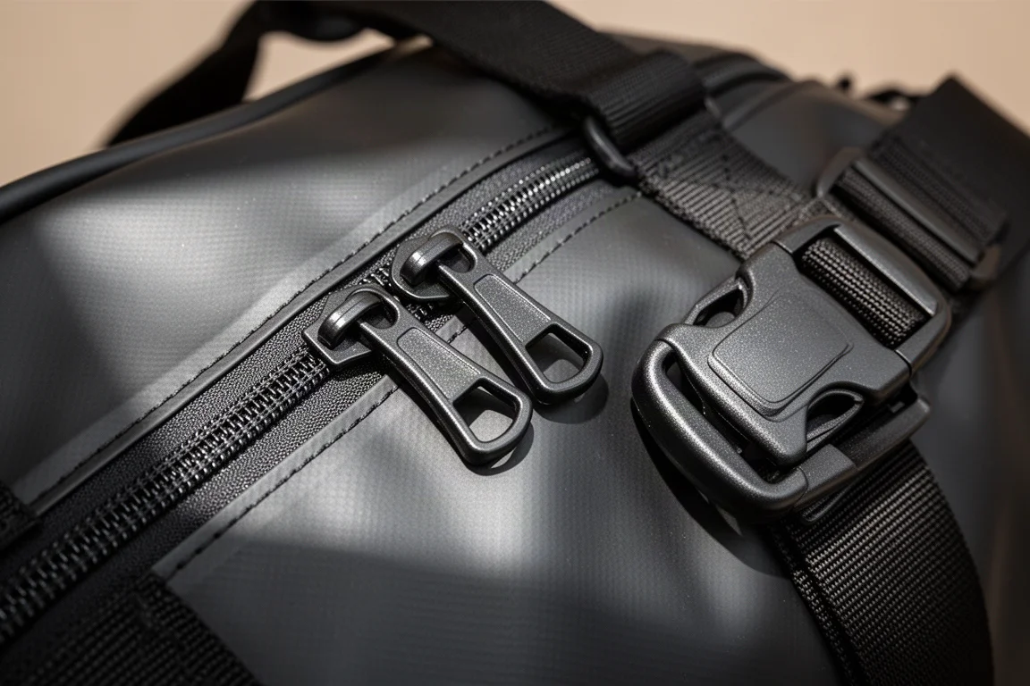 Primer plano de un cremallera YKK grande y una hebilla Duraflex en una bolsa de viaje robusta