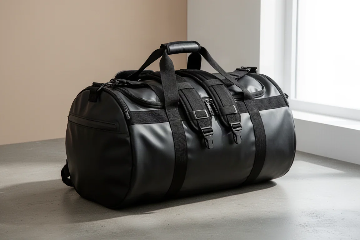 Borsa da viaggio nera Patagonia Black Hole 40L su una superficie di cemento