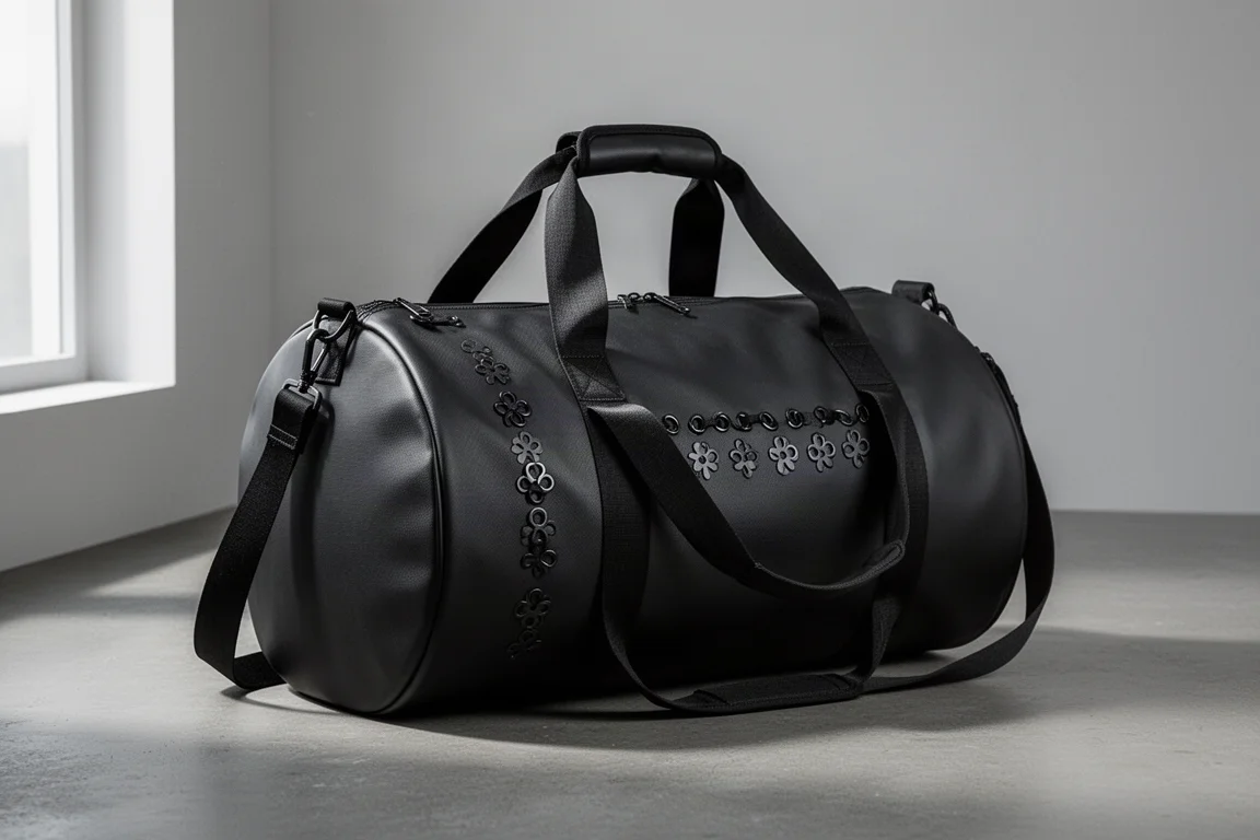 Patagonia Black Hole Duffel 40L in tessuto nero opaco su una superficie di cemento