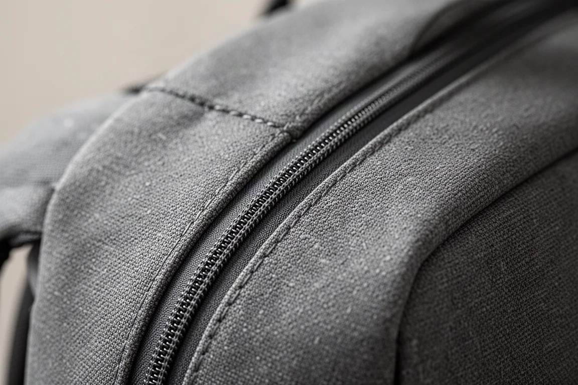 Detalle en primer plano de la superficie textil gomoteada y texturizada de una mochila de viaje