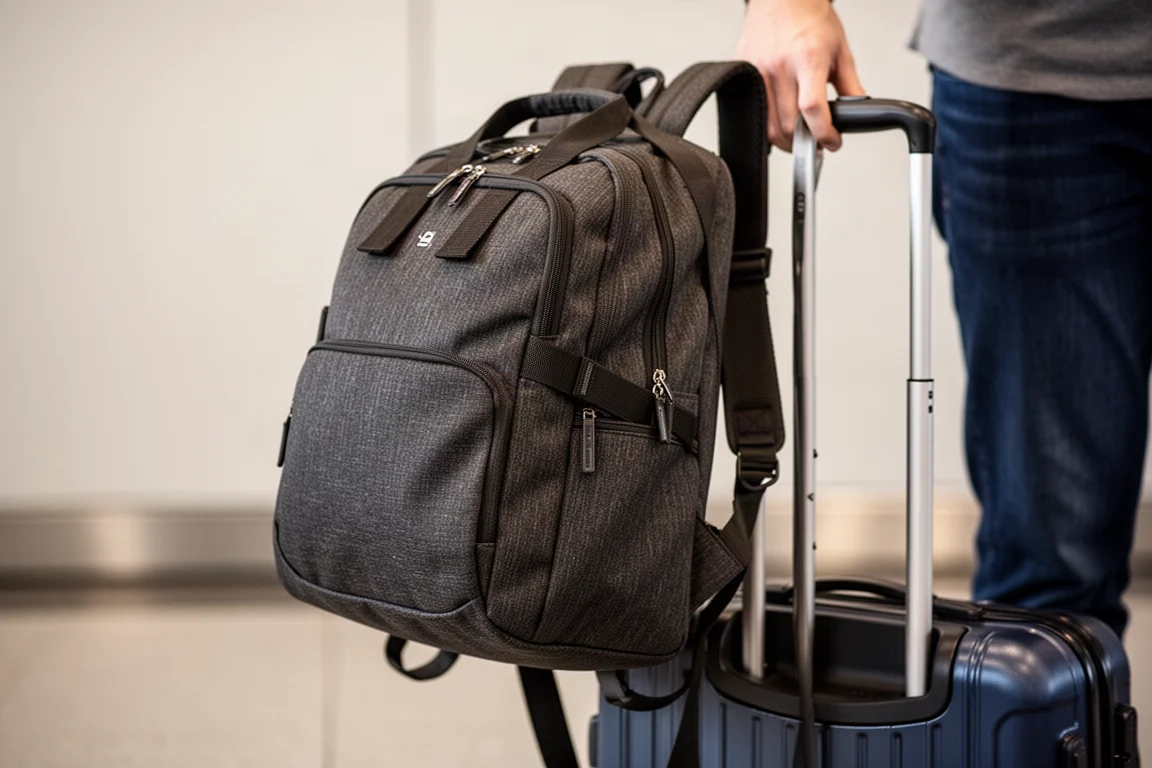 Viajero que lleva una mochila estilo maletín junto al asa de un carro de equipaje