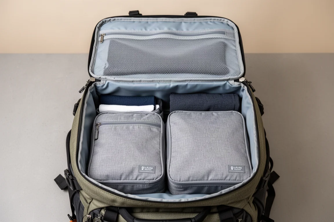Compartimento principal abierto de una mochila de viaje con cubos de embalaje dentro