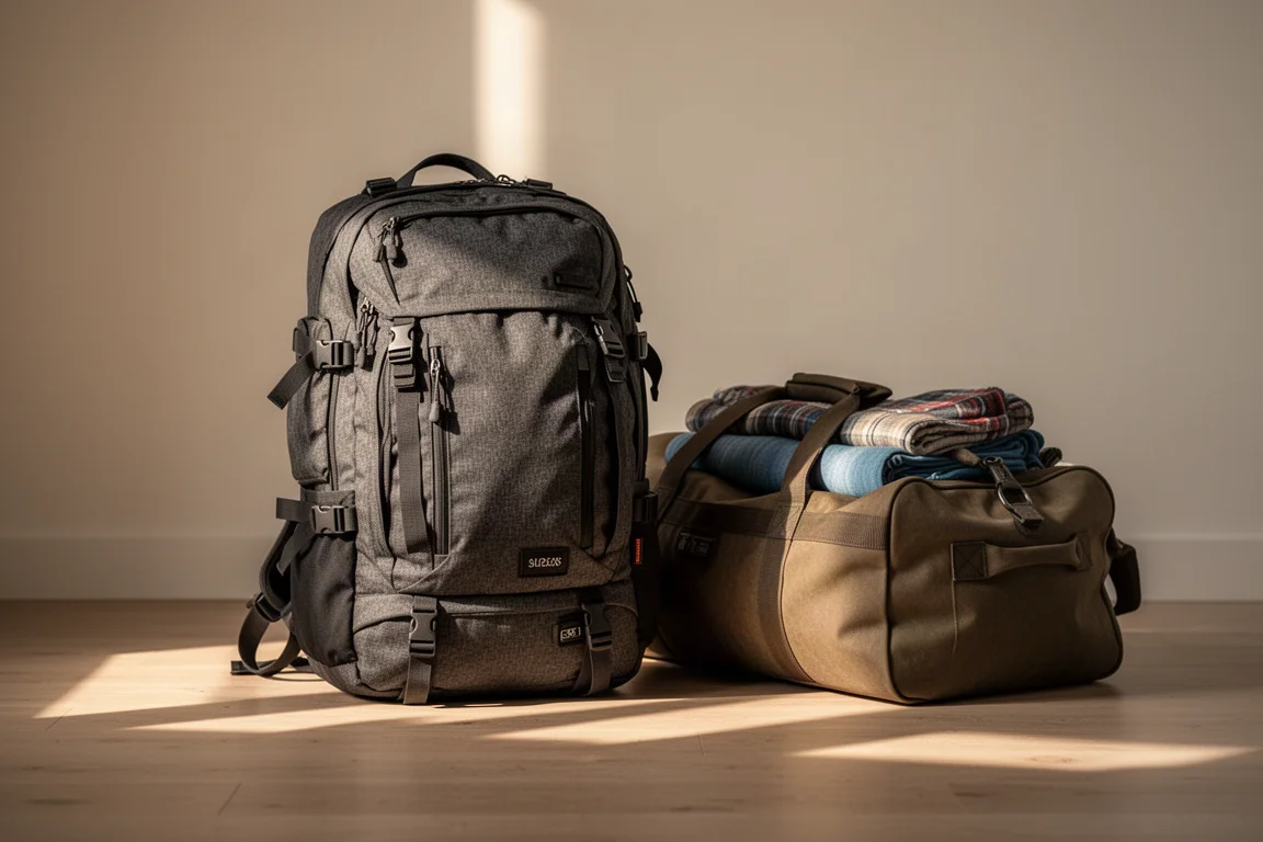 Mochila de viaje totalmente equipada apoyada en un suelo de madera junto a una bolsa de viaje llena