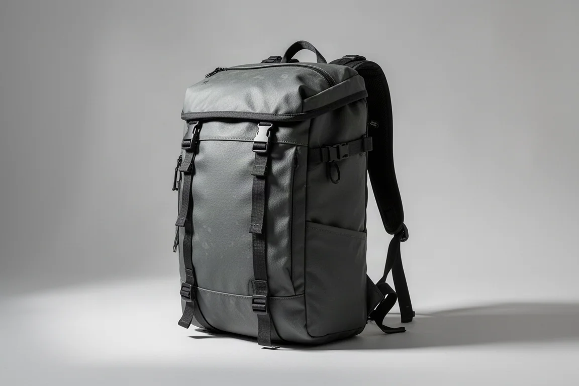 Charcoal textured 30-liter travel backpack standing upright on grey backdrop