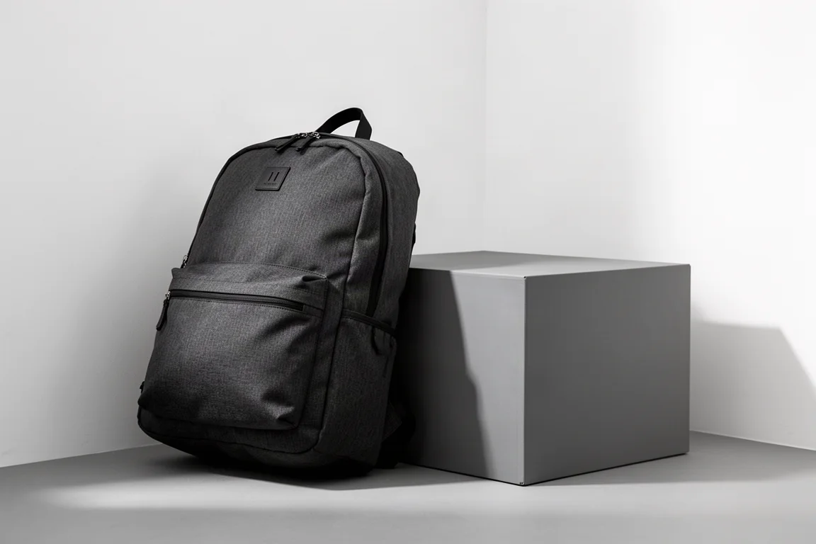 Ryggsäck på en måttlåda för bagage som visar överdimensionerade proportioner