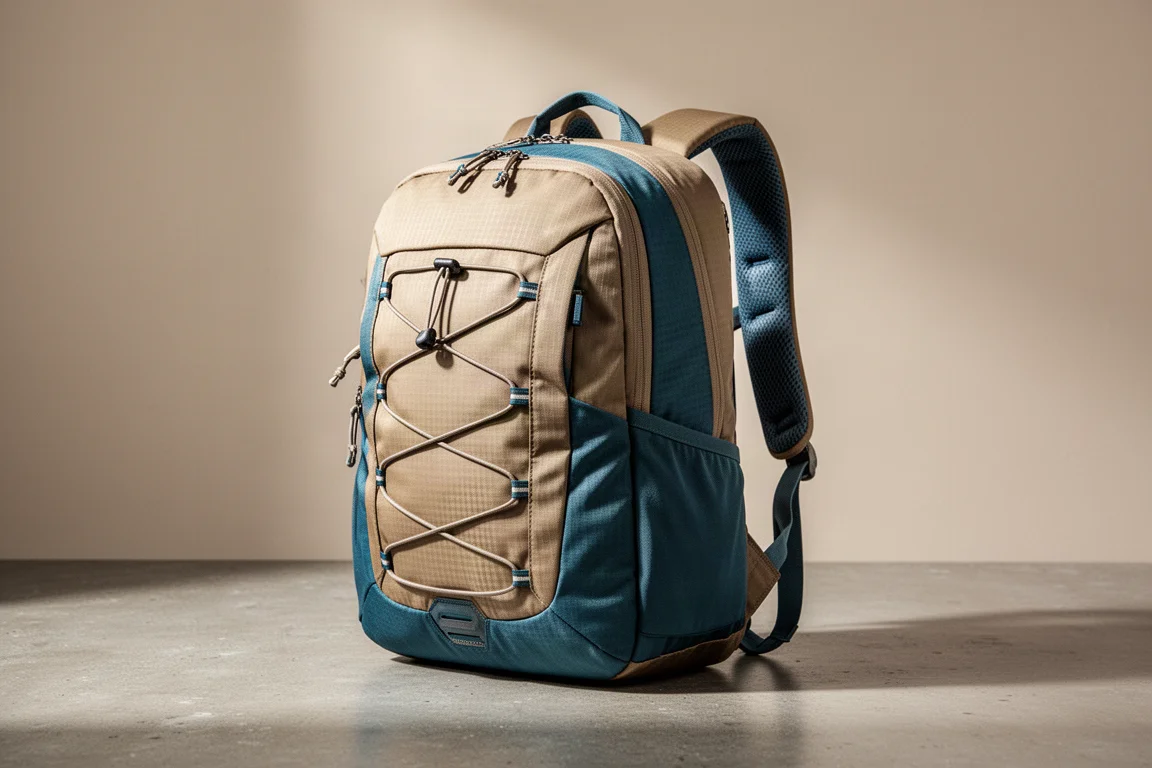 Matte tan and teal travel backpack standing upright on a concrete surface