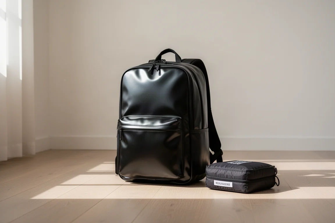 Mochila de viaje de pie sobre un suelo de madera junto a una maleta hecha