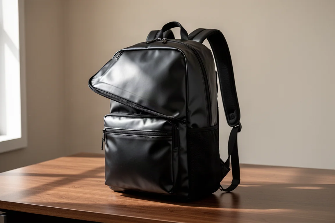 Zaino da viaggio Patagonia Black Hole Pack 32L appoggiato su una superficie di legno spazzolato