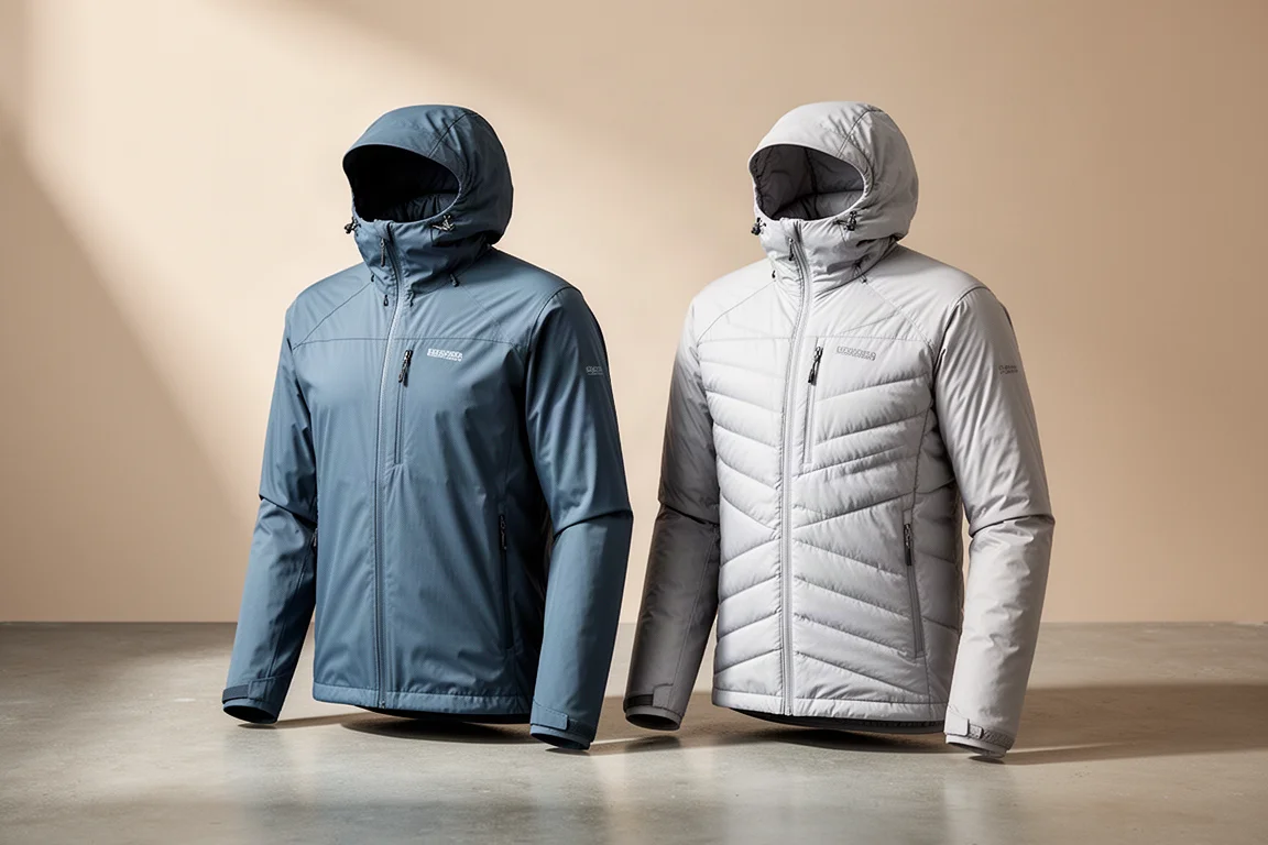 Two synthetic climbing jackets side by side on a concrete surface in soft light