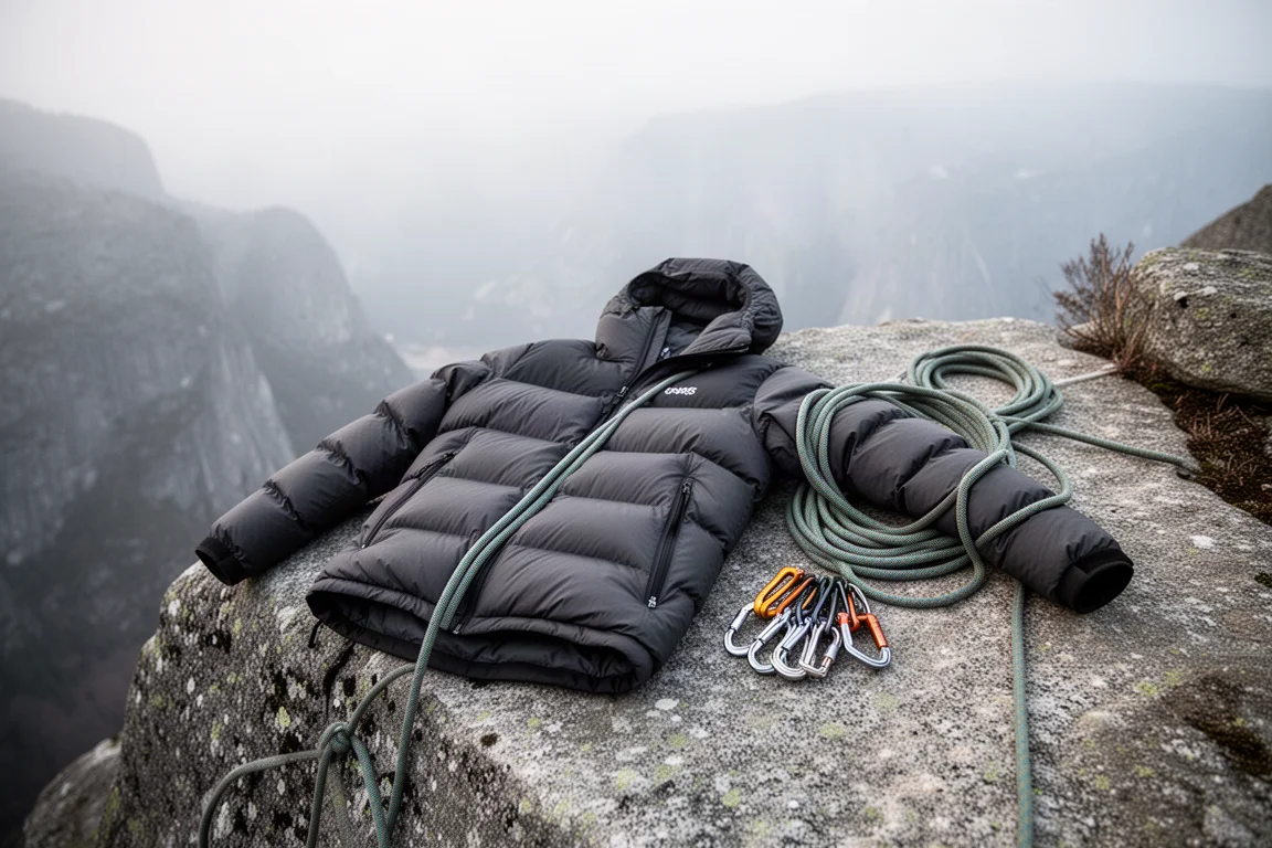 Parka en duvet posée sur un rebord granitique à côté d'une corde d'escalade enroulée dans la lumière froide du matin