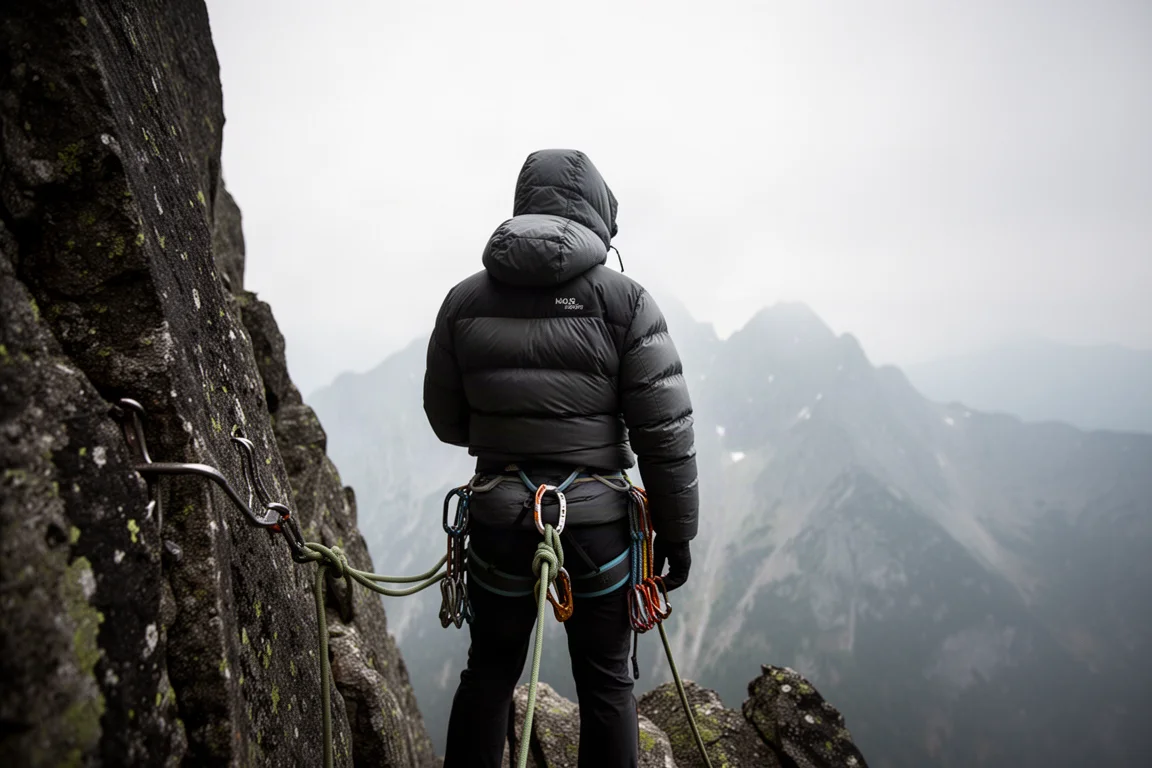 Grimpeur assurant sur une voie de plusieurs longueurs vêtu d'une veste isolée épaisse