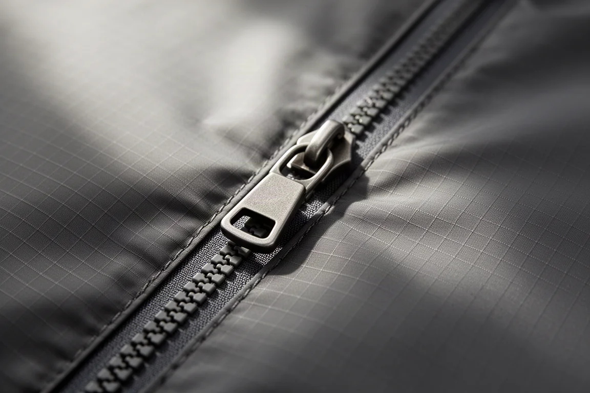 Détail en gros plan du tissu ripstop de la veste et d'une tirette de fermeture à glissière bidirectionnelle robuste