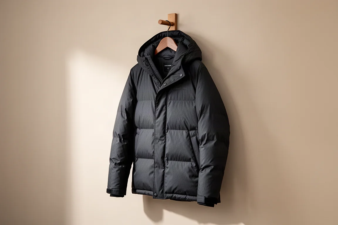 Down parka scura pesantemente isolata appesa a un piolo di legno su uno sfondo neutro