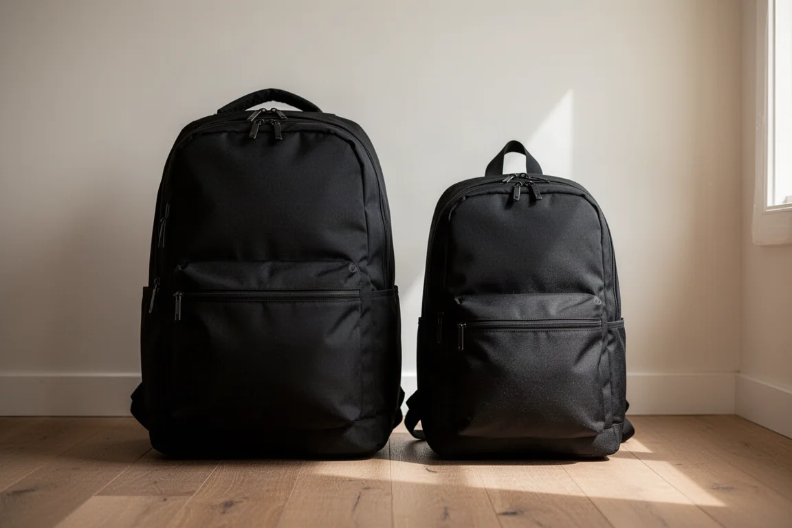 Two black travel backpacks standing side by side for size comparison