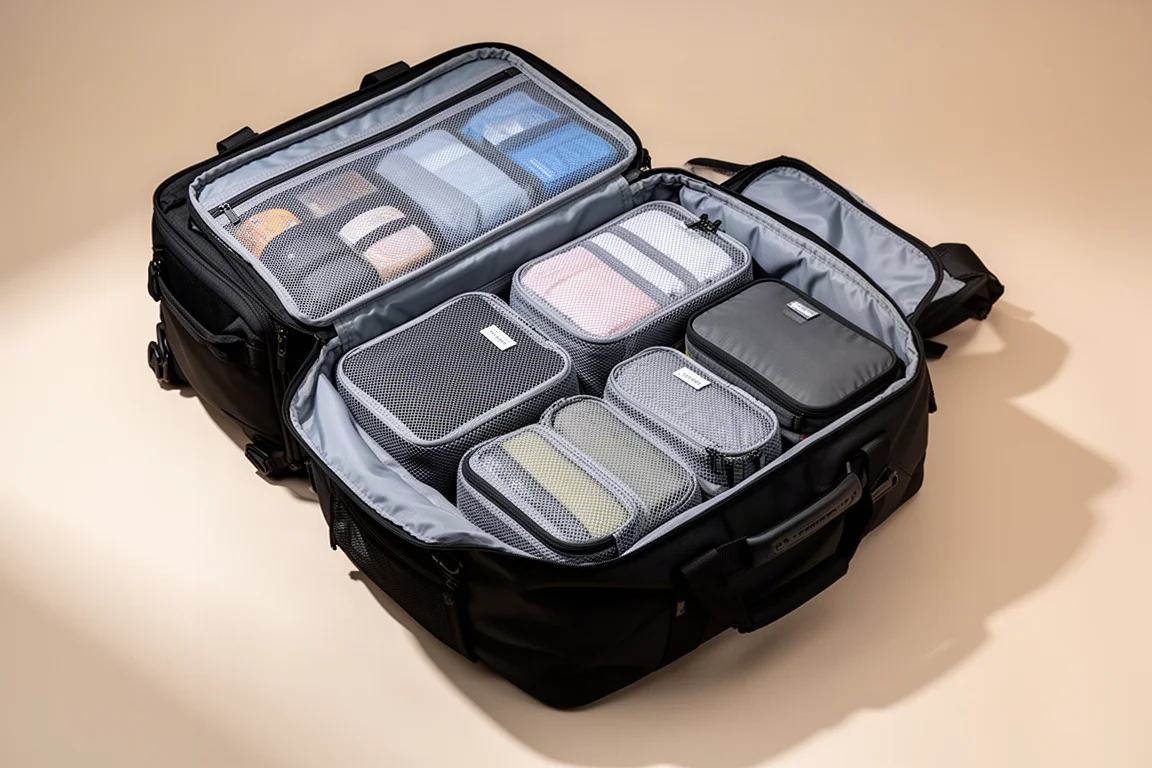 Open travel backpack main compartment with packing cubes inside