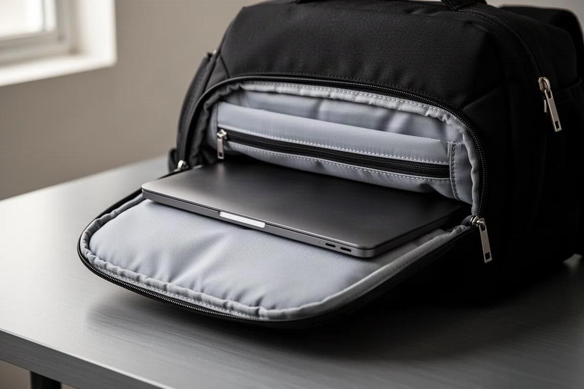 Close-up of a laptop sleeve opening behind a backpack's tech panel