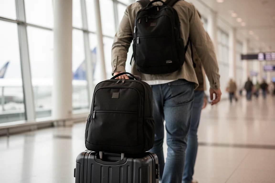 Traveler pulling a rolling suitcase through an airport terminal