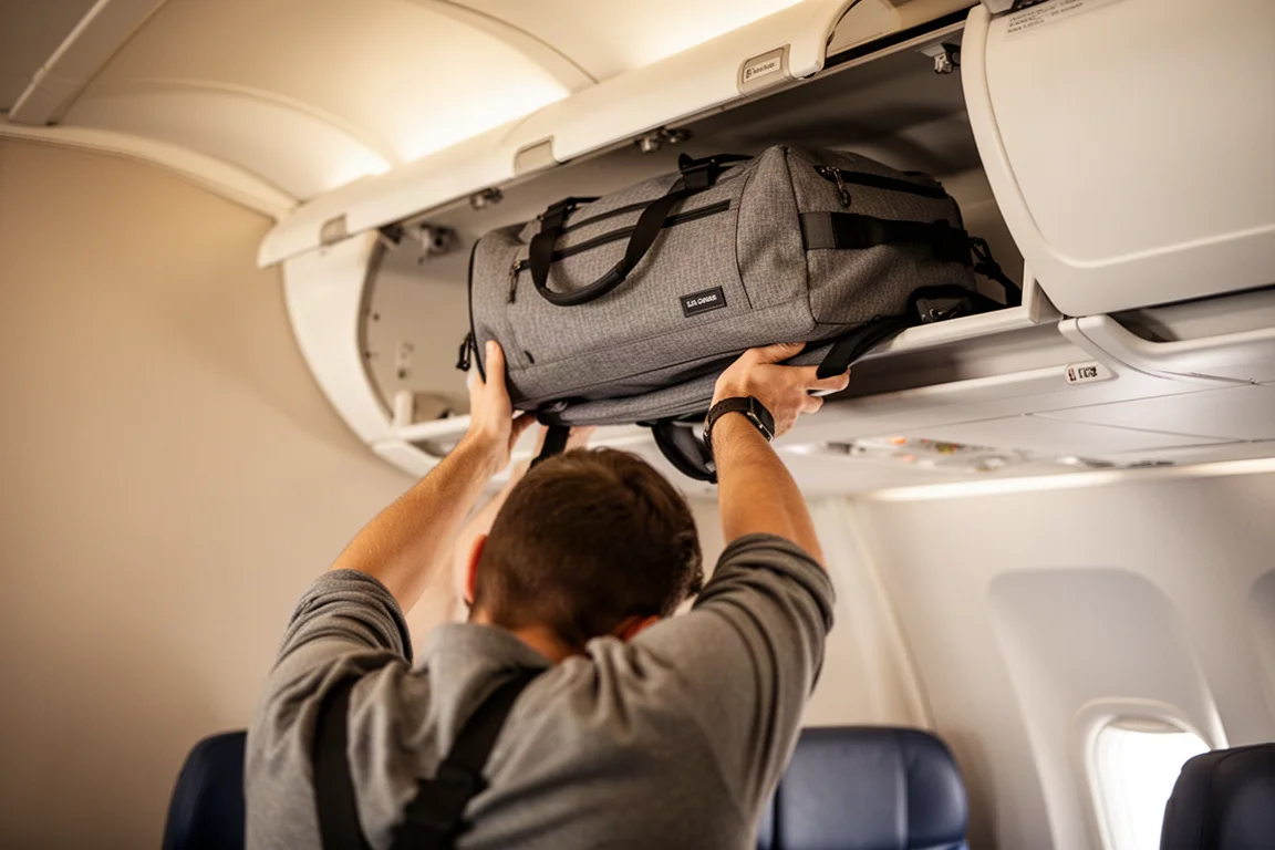 Traveler placing a backpack into an airplane overhead bin