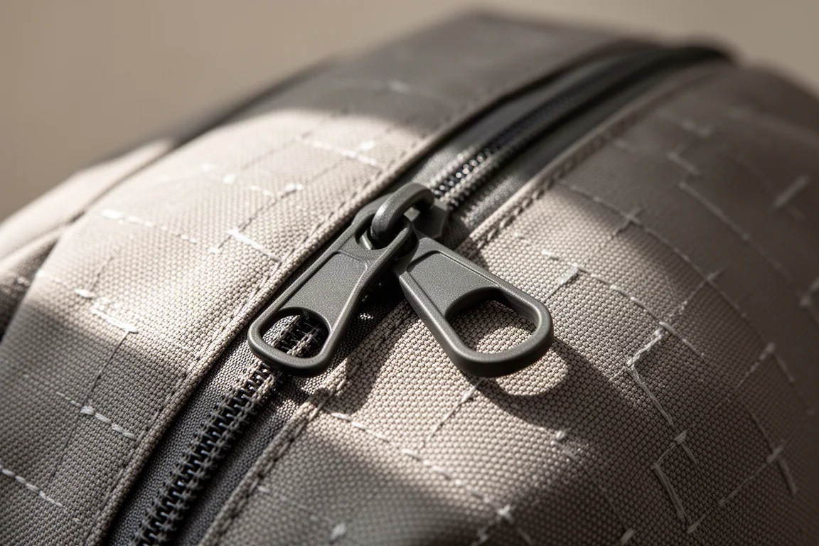 Close-up of backpack fabric weave and zipper hardware