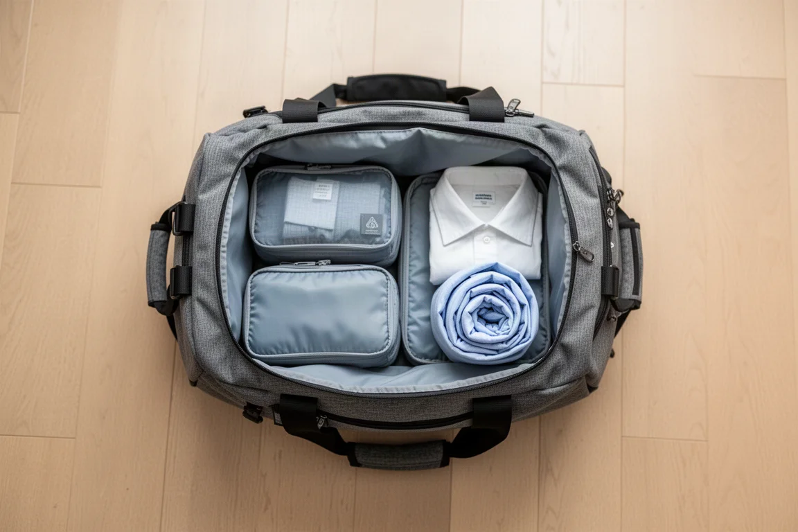 Backpack interior with packing cubes neatly arranged