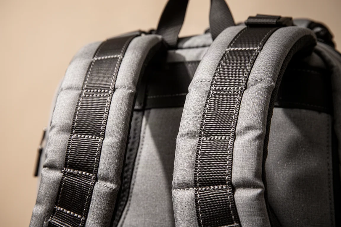 Close-up of padded shoulder straps and bar tack stitching