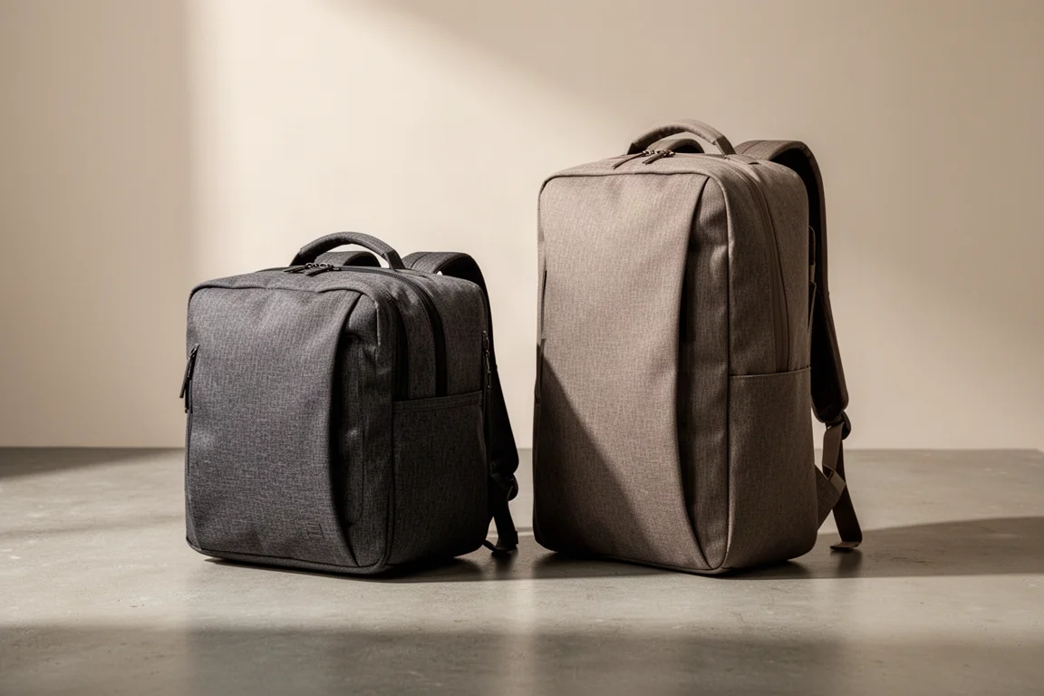 Two duffel-style travel backpacks side by side on a concrete surface