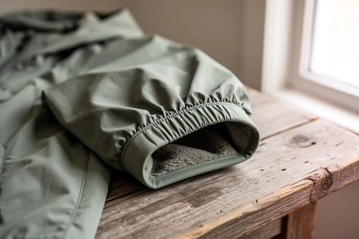 Detalle del puño elástico de punto y el bajo en la manga de una chaqueta ligera con capucha