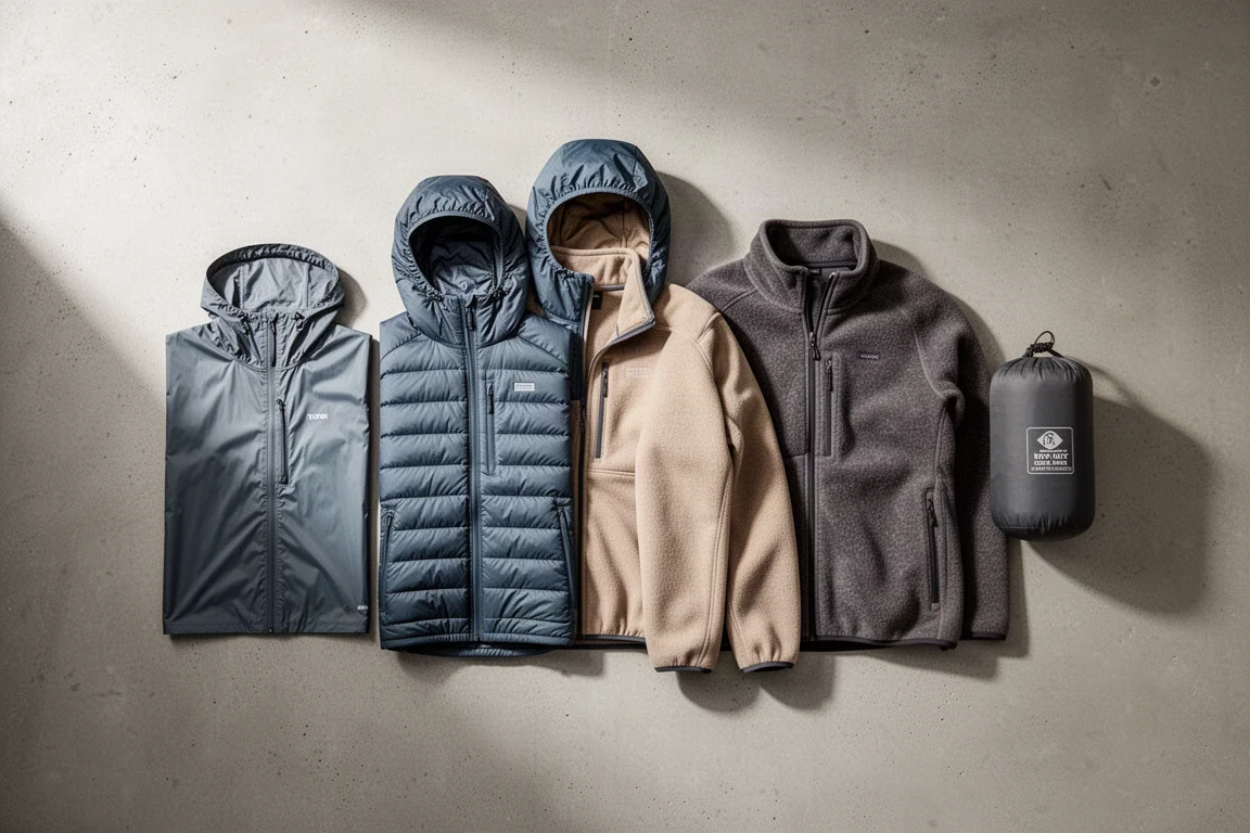 Vista cenital de un sistema de capas para frío con chaqueta, cortavientos y bolsa estanca