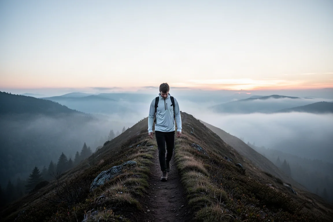 Wanderer in einer leichten Synthetikschicht auf einem Gratweg im Morgengrauen