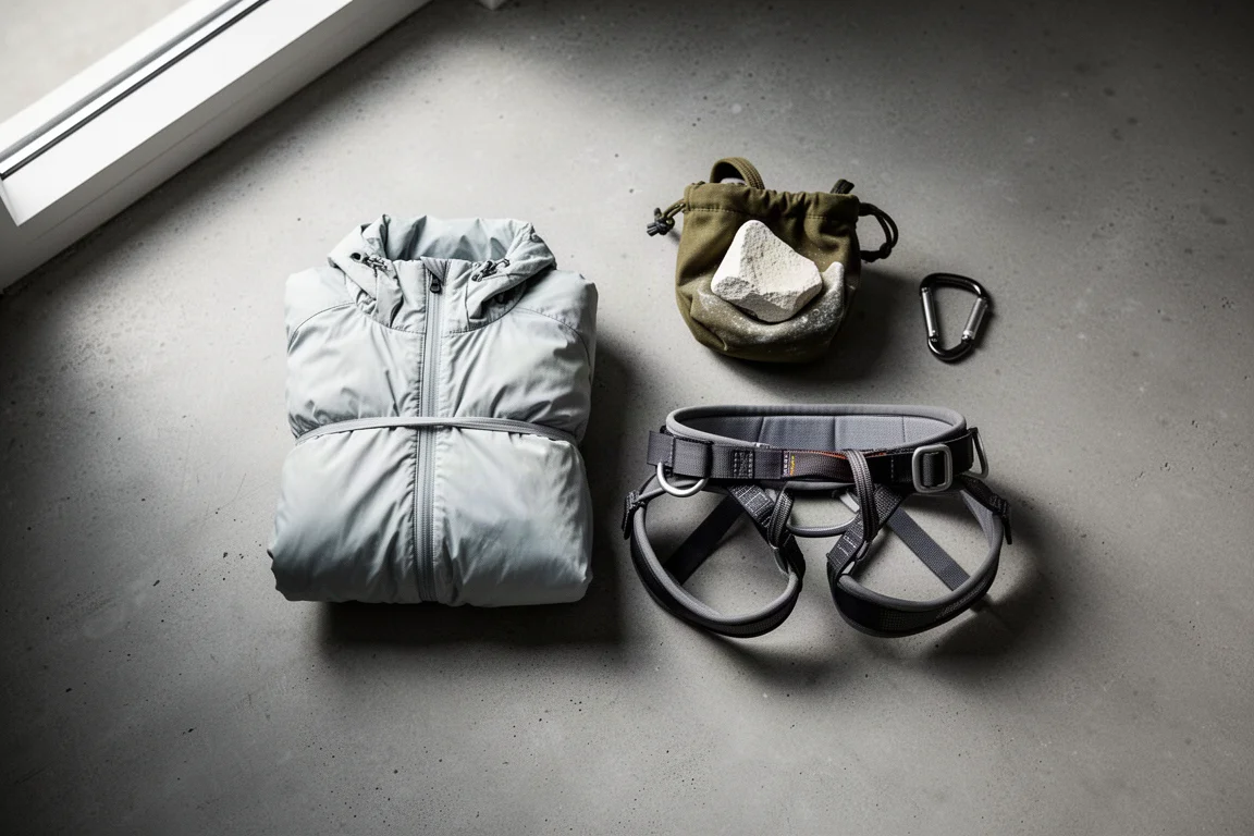 Kleines zusammengepacktes Bündel einer leichten Jacke neben einem Klettergurt auf Beton